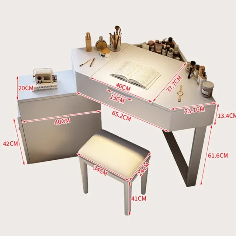Corner Dressing Makeup Vanity Table with Mirror, Wood Vanity Set with Cabinet Retractable Dresser with Lots Storage for Bedroom
