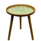 Rattan Round End Table, Boho Side Table for Living Room with Mother of Pearl Inlay, Small Coffee Table Wicker Bedsid Table
