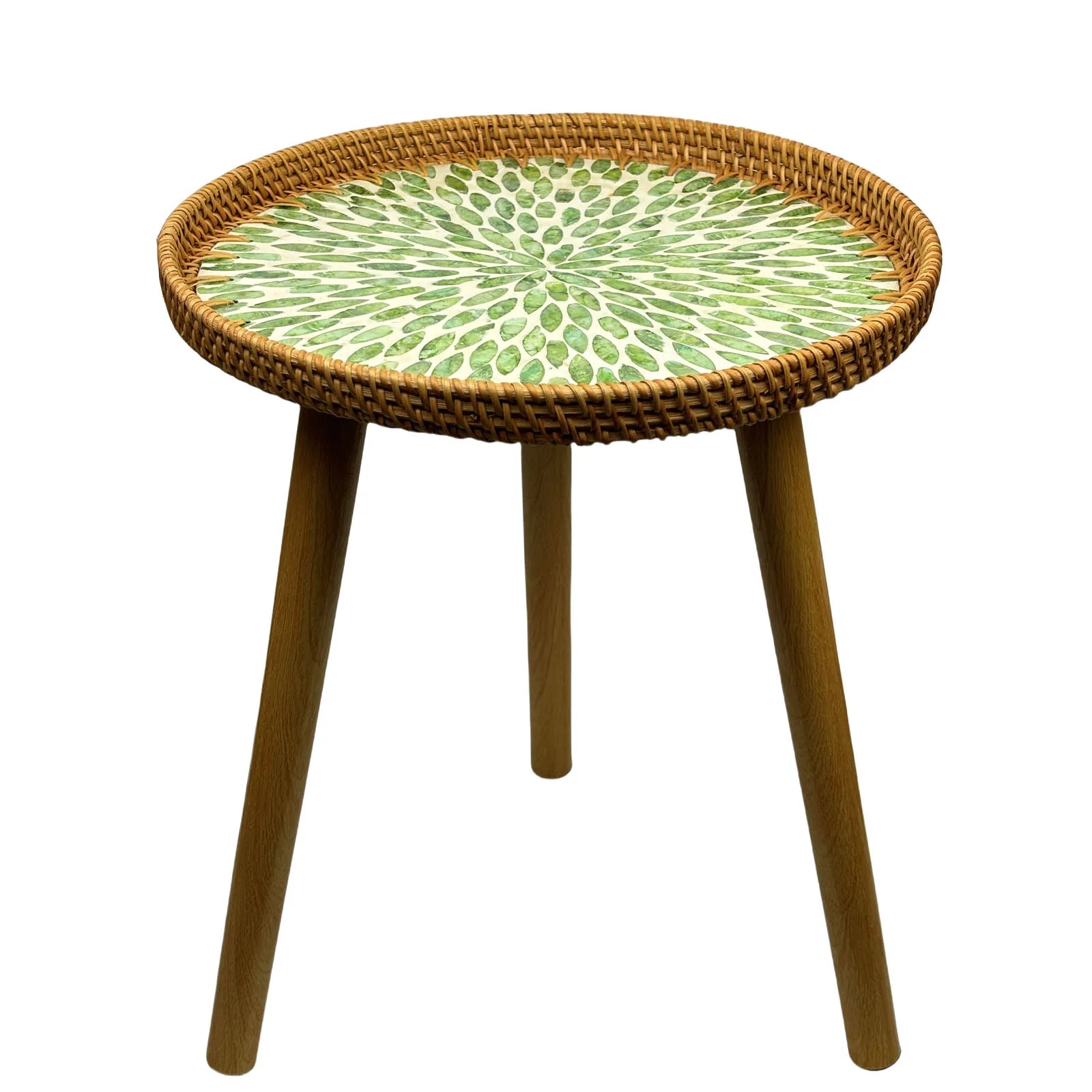 Rattan Round End Table, Boho Side Table for Living Room with Mother of Pearl Inlay, Small Coffee Table Wicker Bedsid Table