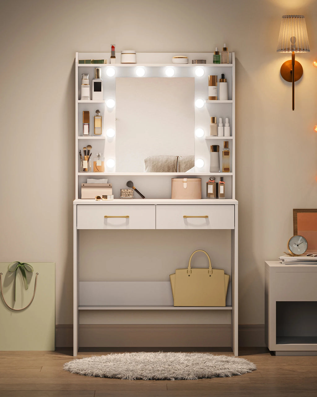 Dressing Table with Mirror, Dressing Table with Shelves and 2 Drawers, for Bedroom, Living Room, Adjustable Brightness, 40 x 80