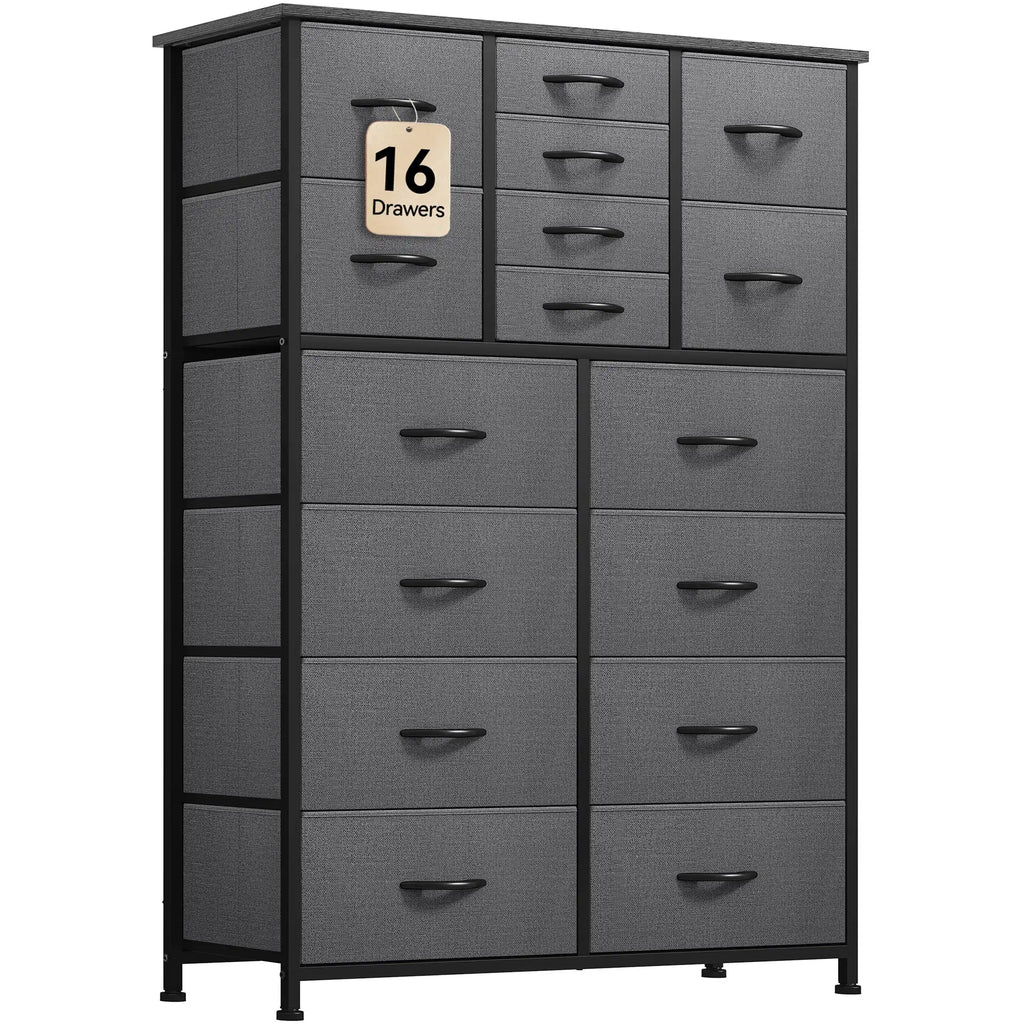 16-Drawer Fabric Dresser for Adults & Teens, Storage Chest for Bedroom & Closet – Black Gray