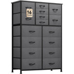 16-Drawer Fabric Dresser for Adults & Teens, Storage Chest for Bedroom & Closet – Black Gray