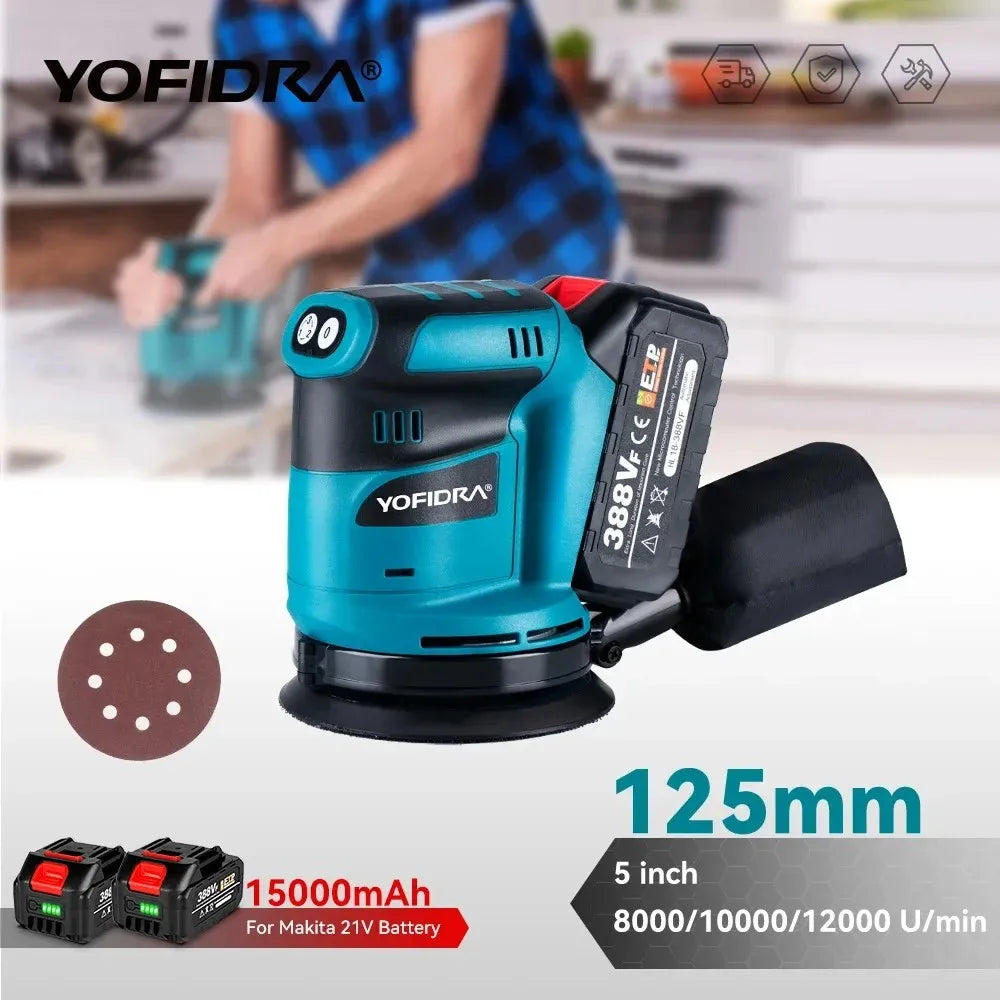YOFIDRA 125mm Electric Orbital Sander 3 Speeds Adjustable Rechargeable Polishing Grinder Machine For Makita 18V Battery