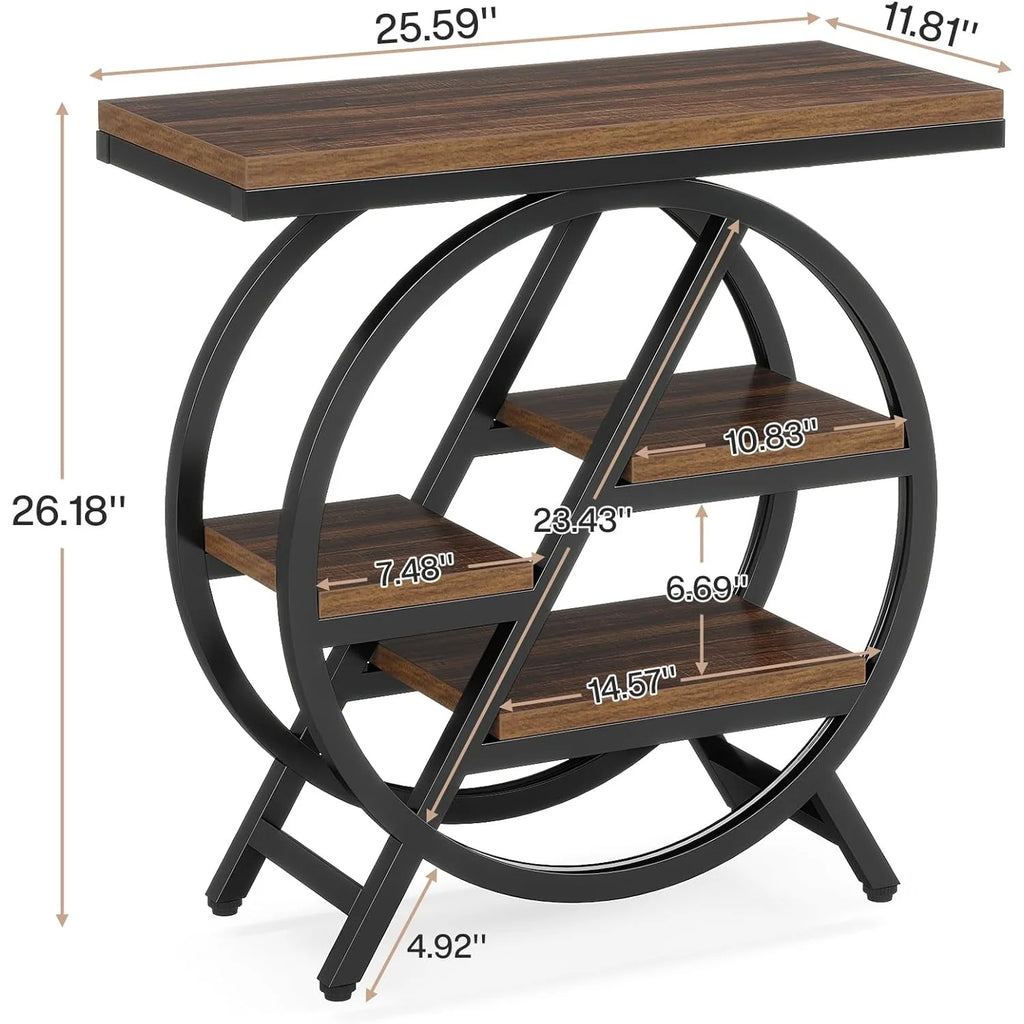 3-Tier Narrow Side Table with Storage, Wood Sofa Side Table with Geometric Metal Frame, Nightstand  for Bedroom, Living Room
