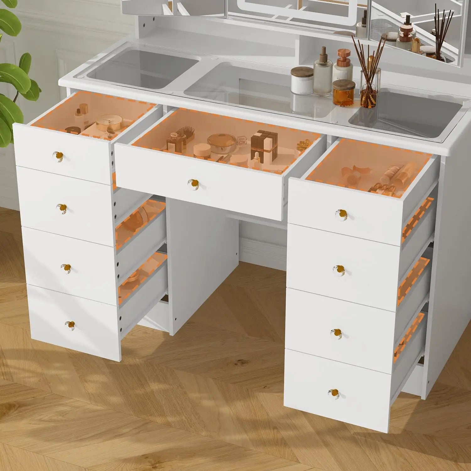 Vanity Desk with Trifold Mirrors & LED Light,Large Makeup Vanity with Glass Top,9 Drawers & Shelves,Mirrored Doors in 3 Colors