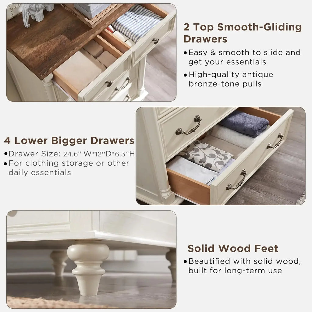 Farmhouse 6 Drawers Dresser Chests, Tall Wood Rustic Chest , Storage Organizer for Bedroom, Living Room, Nursery, Antique White