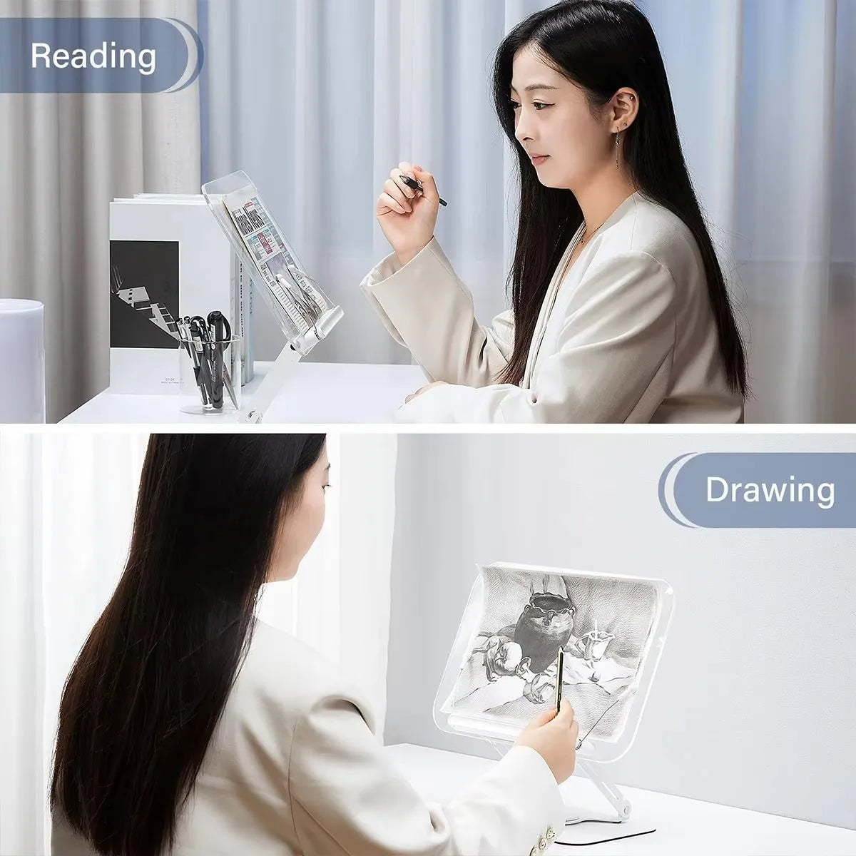 Book Stand for Reading, Adjustable Book Holder with 360° Rotating Base & Elastic Page Clips, Foldable Cookbook Stand for Office