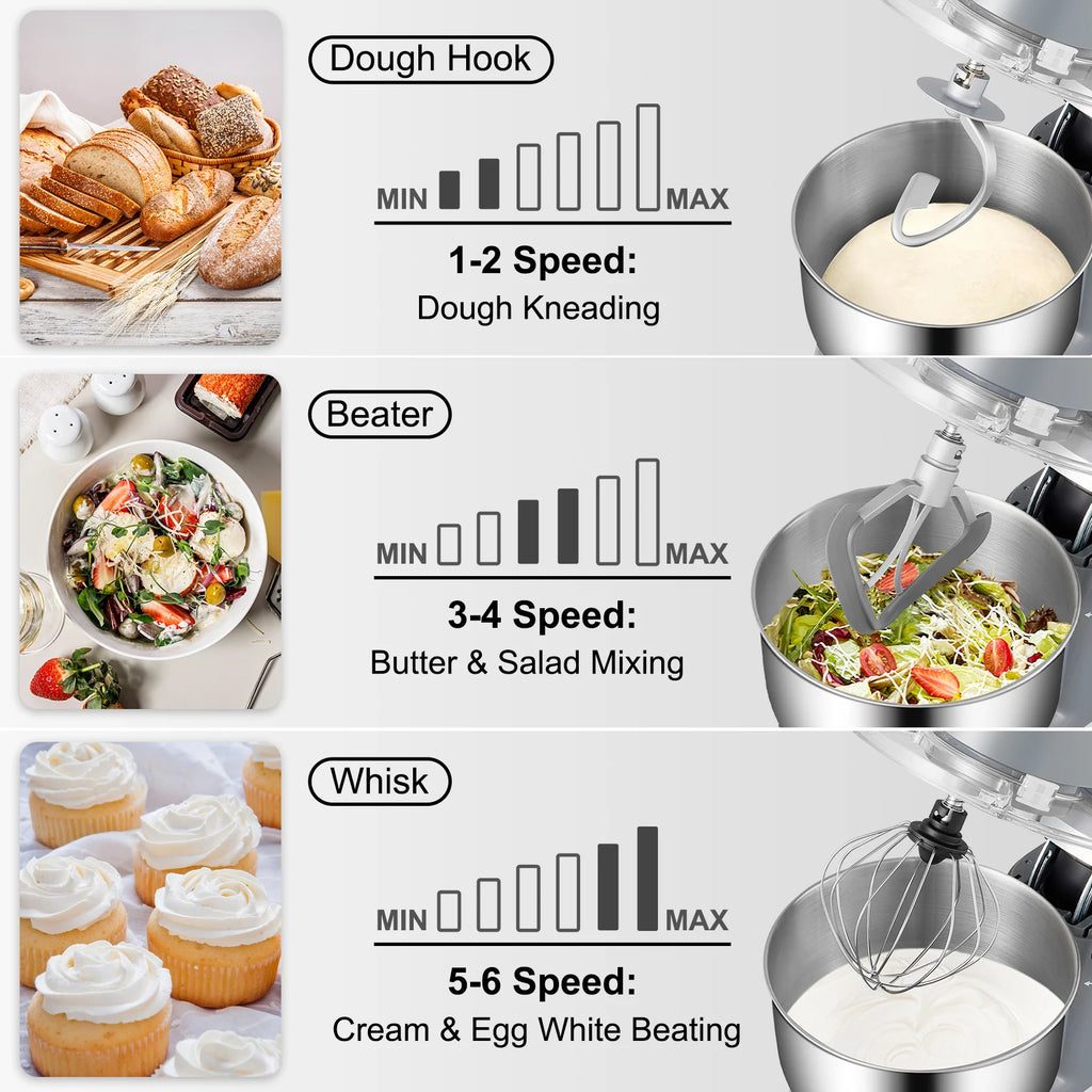 VEVOR Stand Mixer 660W Electric Dough Mixer with 6 Speeds LCD Screen Timing 5.8 Qt Stainless Steel Bowl Dough Hook Flat Beater