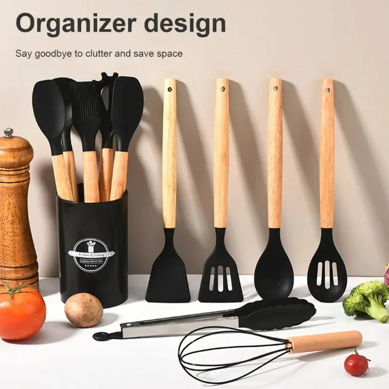 12-piece kitchen utensil set with wooden handle silicone spatulas, includes a stand, perfect for everyday kitchen use