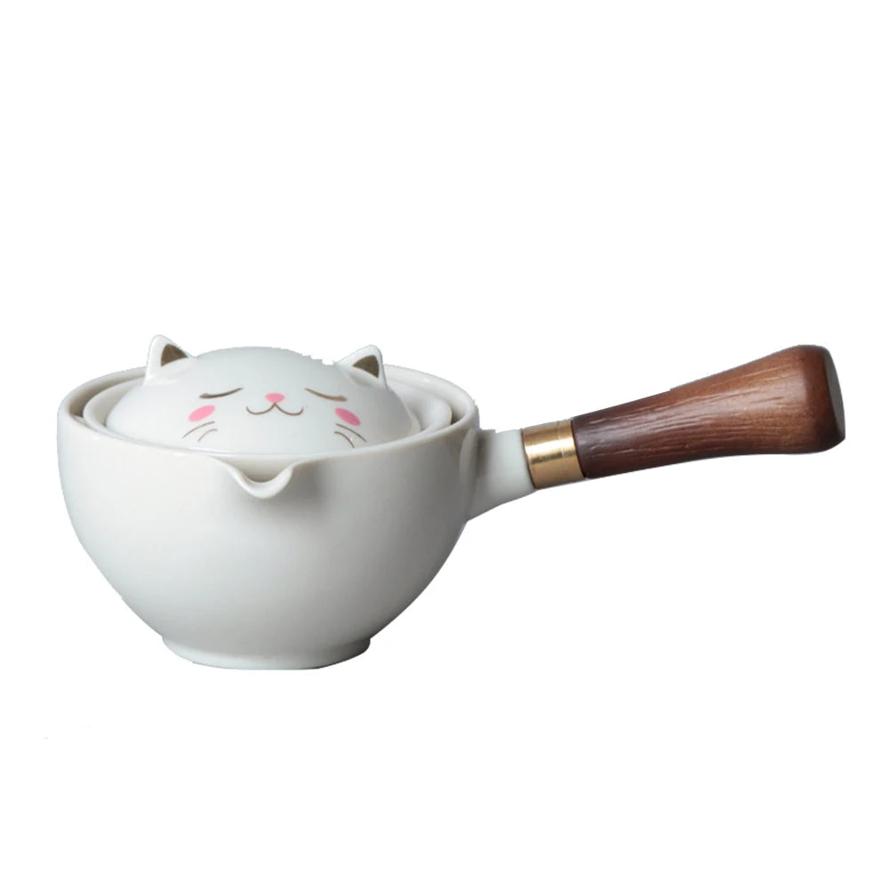 Portable Chinese Gongfu Kung Fu Tea Set 360 Rotating Teapot Ceramic Tea Maker Infuser Wooden Handle Pot Cup for Home Office