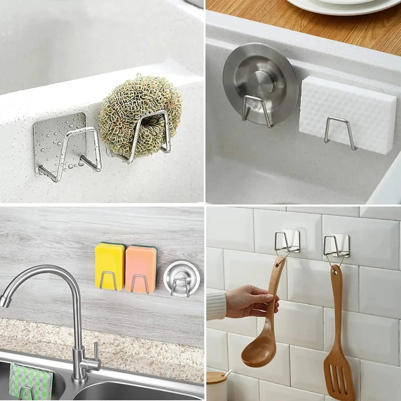 Kitchen Sponge Holder Cleaning Cloth Sink Drip Rack Storage Organization Accessories No-drilling Waterproof Stainless Steel Hook
