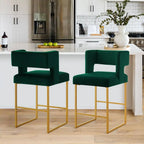 26" H Counter Height Bar Stools Set of 4, Modern Velvet Bar Stools with Square Open Backrest and Gold Metal Frame