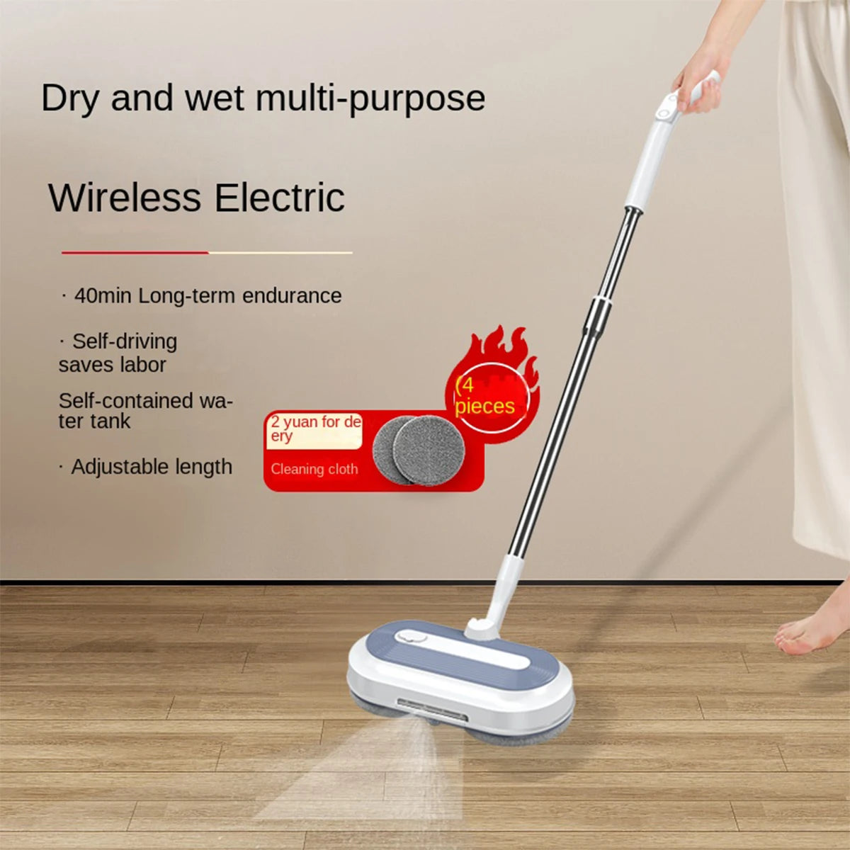 1 Wireless Rechargeable Water Spray Electric Mop, Easy To Operate, Suitable For Home Dormitory Office And Other Use