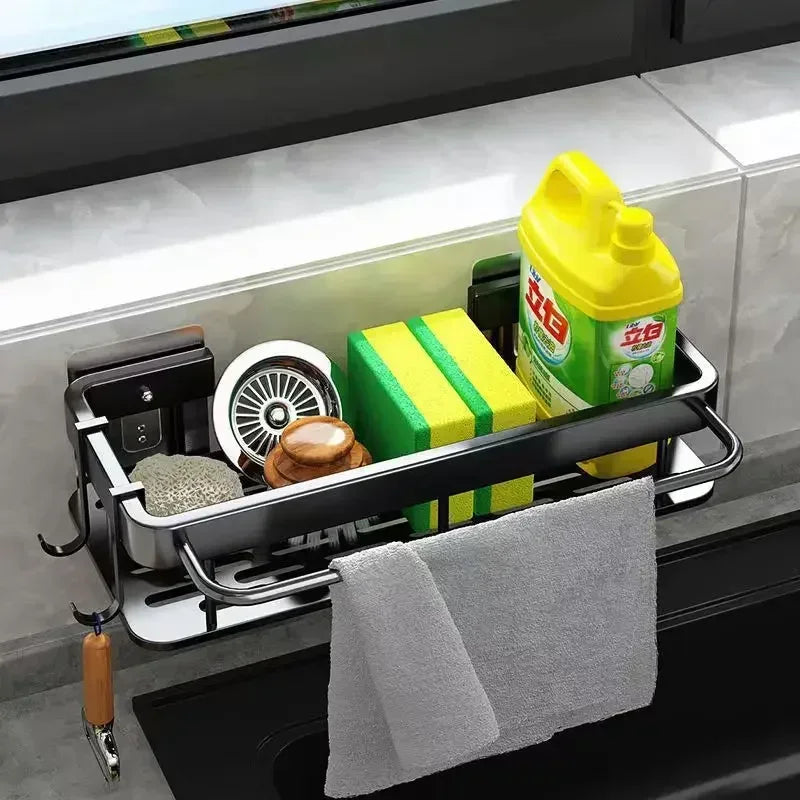 Aluminum Kitchen Sink Drain Rack Suction Cup Wall-mounted Ready-to-attach Kitchen Storage and Organization with Drain Tray