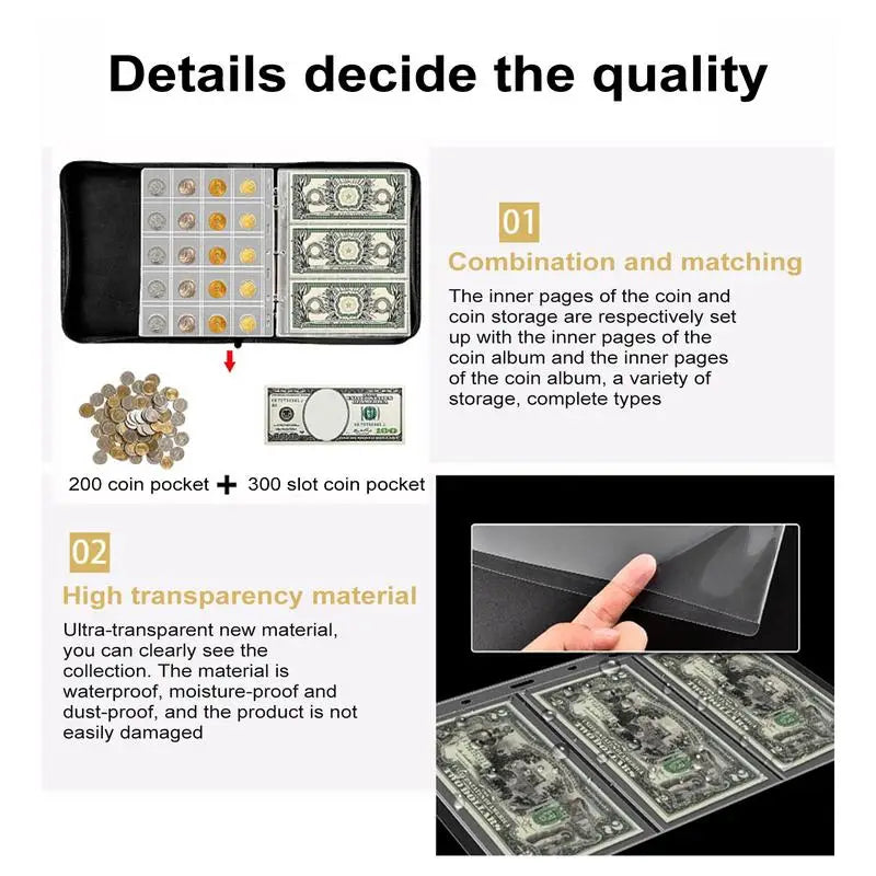 Portable Coin Collection Set 200 Coins 30 Paper Money Panels PVC Transparent Philatelic Book Album With Zipper Protection