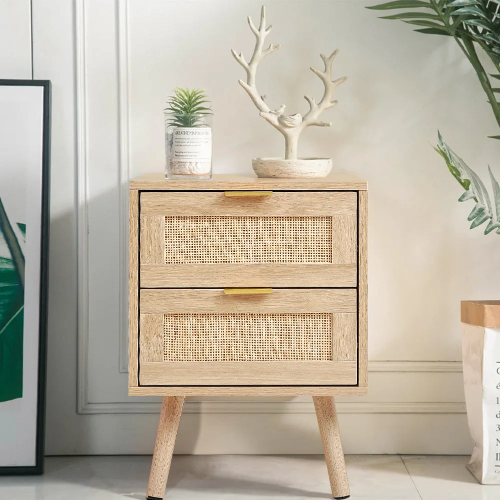 【Lifeideas】 2 Pack Wood and Rattan Side Cabinet Livingroom Bedroom Decoration Storage Cabinet Modern Classic