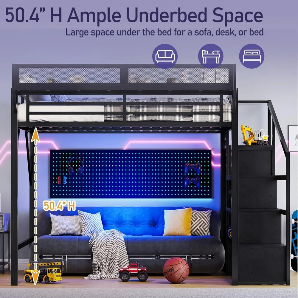 Metal Queen Size Loft Bed Frame with Storage Stairs, Side Shelf, Wardrobe, USB Ports, and LED Lighting