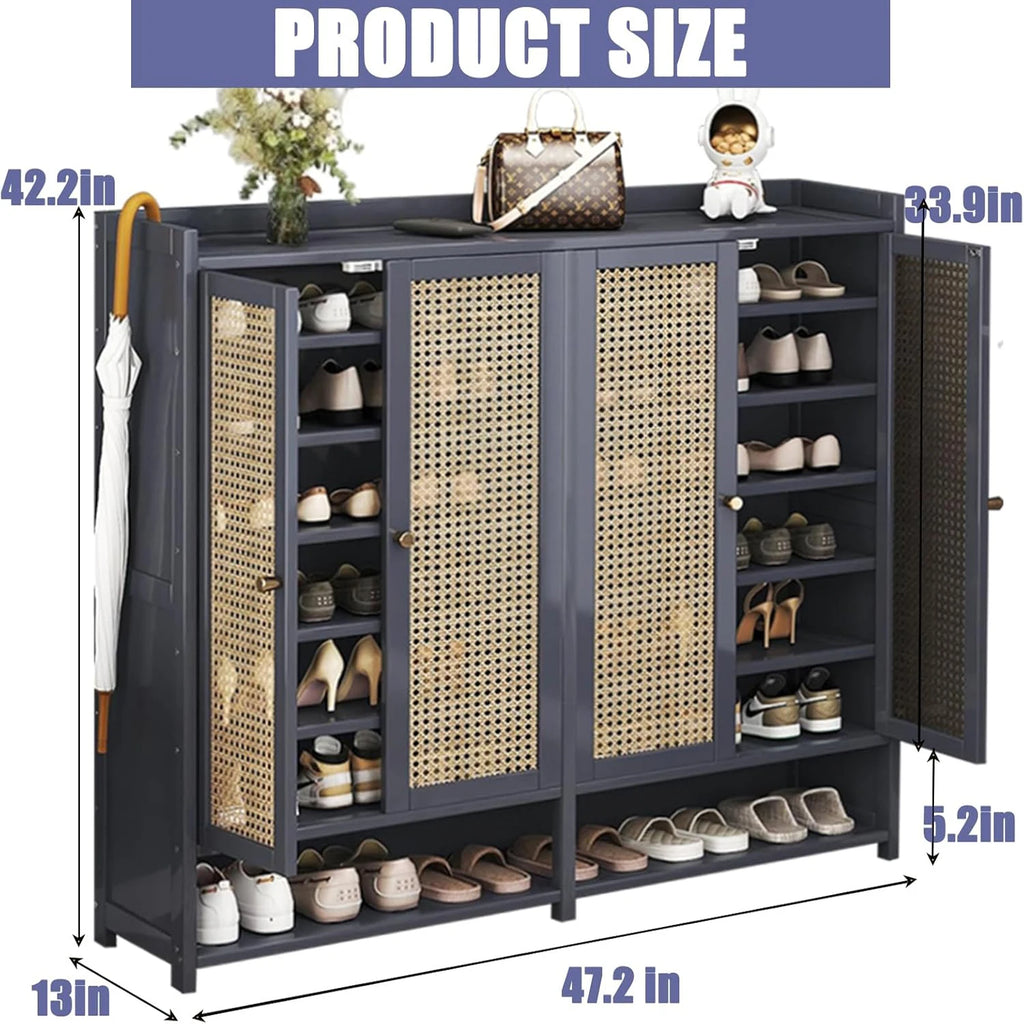 8 Tier Bamboo Shoe Storage Cabinet with Doors, 38-42 Pairs Shoe Rack for Closet, Rattan Storage Cabinet with Doors for Hallway L