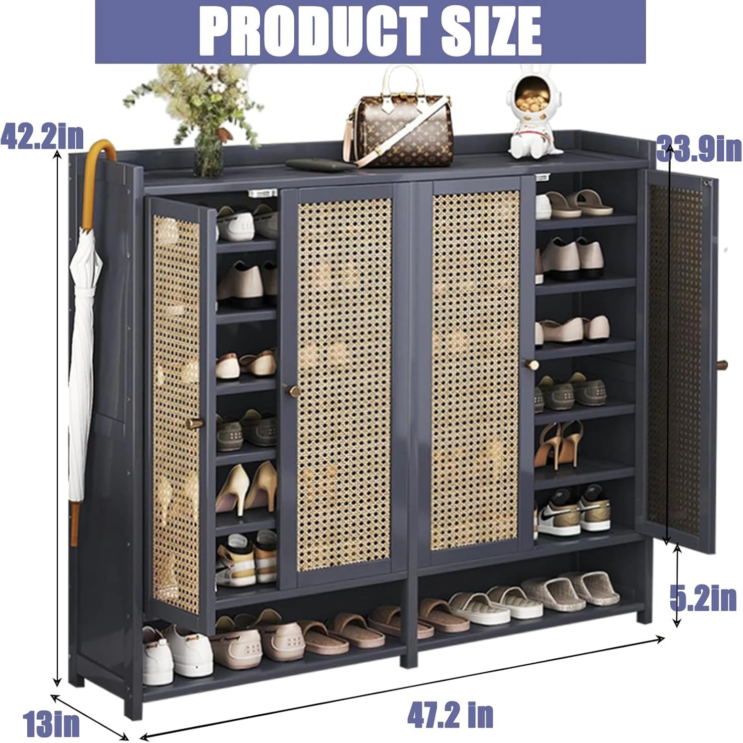 8 Tier Bamboo Shoe Storage Cabinet with Doors, 38-42 Pairs Shoe Rack for Closet, Rattan Storage Cabinet with Doors for Hallway L