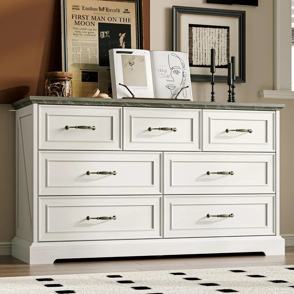 Farmhouse 7 Drawers Dresser for Bedroom, 48" Wide Modern Chest of Drawers with Deep Drawers & Bar Handles, Rustic Wood Dresser T