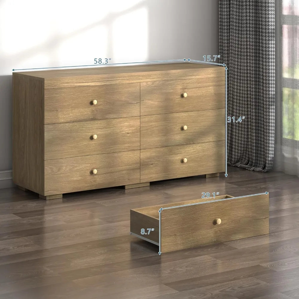 Dresser for Bedroom 6 Drawer Wood Dresser 58.3" Wide, Large Chest of Drawers for Bedroom, Living Room, Hallway, Entryway, Modern
