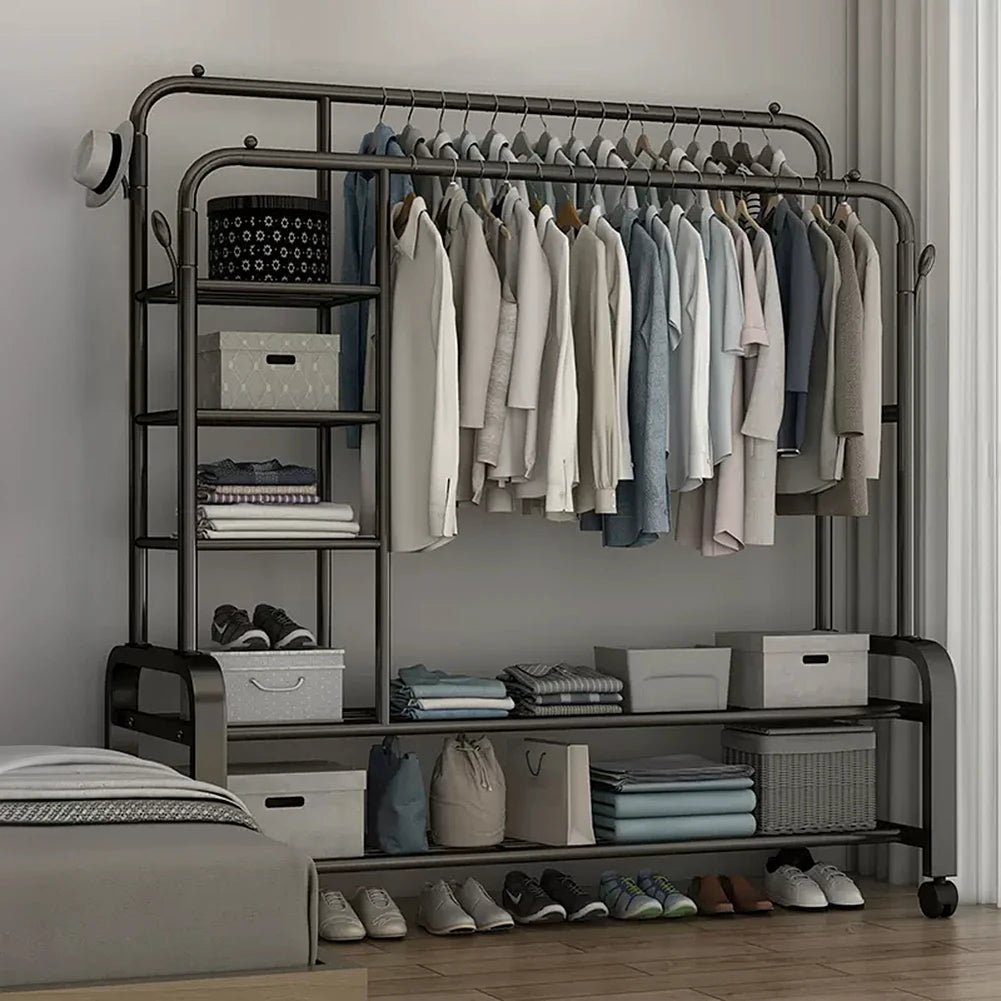 【Breeins】Double-Rod Clothes Rack with Wheels Storage Organizer Clothes Shelf Tidy Home Decoration