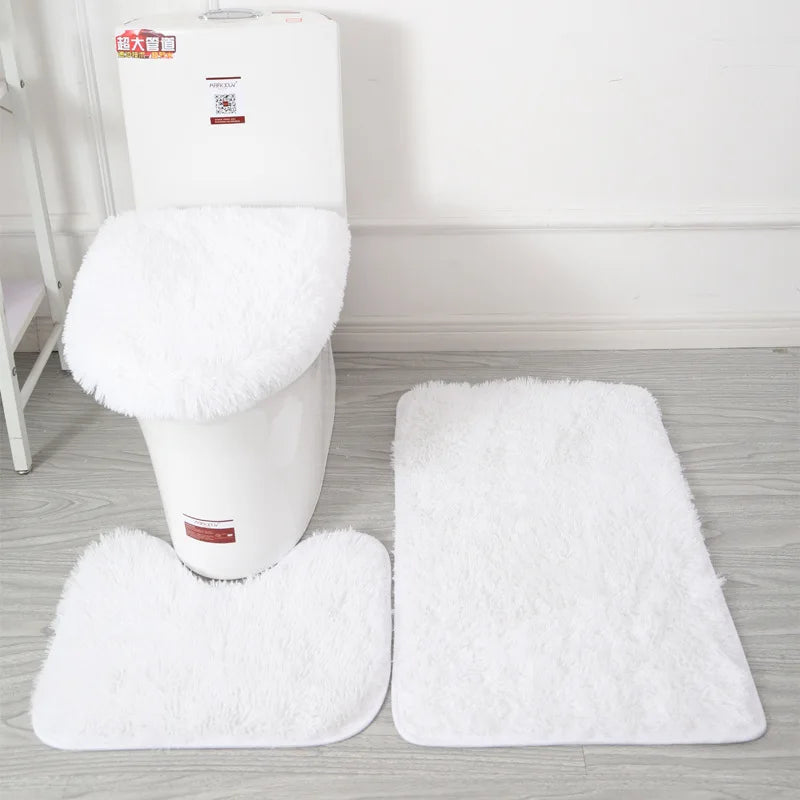 Inyahome 3pcs/set Plush Bathroom Bath Mats Set Anti Slip Toilet Rug and Toilet Lid Cover Soft Fluff Shower Carpet Floor Bath Mat