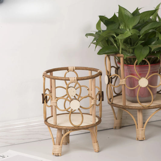 Hollow Flower Stand Hand-woven Imitation Rattan Plant Stand Desktop Creative Flower Pot Stand Balcony Planter with Wooden Legs