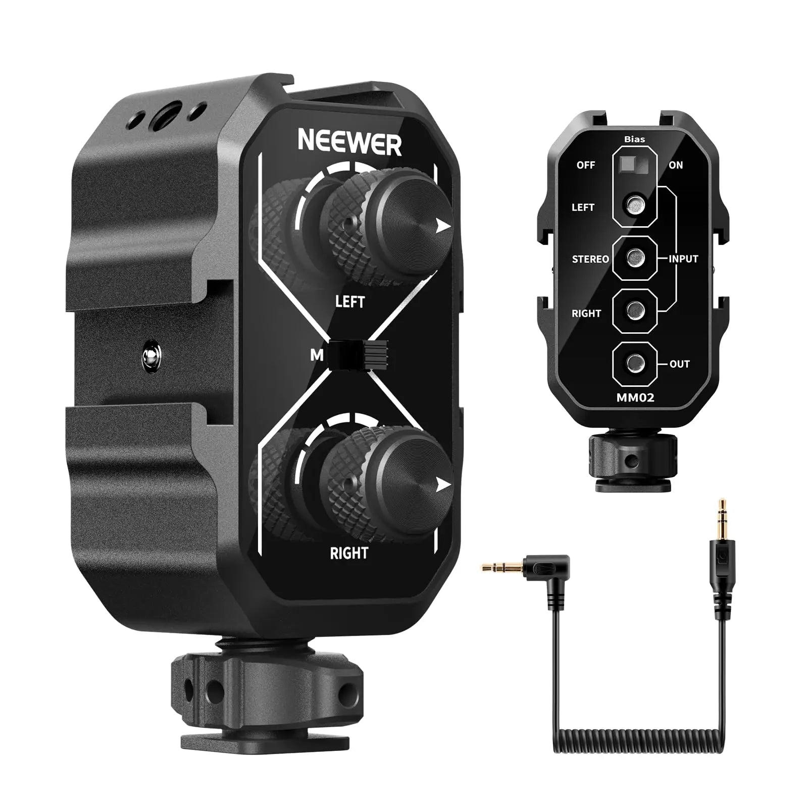 NEEWER MM02 Dual Channel Microphone Audio Mixer Adapter with 3.5mm TRS Cable Stereo/Mono Switch Cold Shoe Mounts for DSLR Phone
