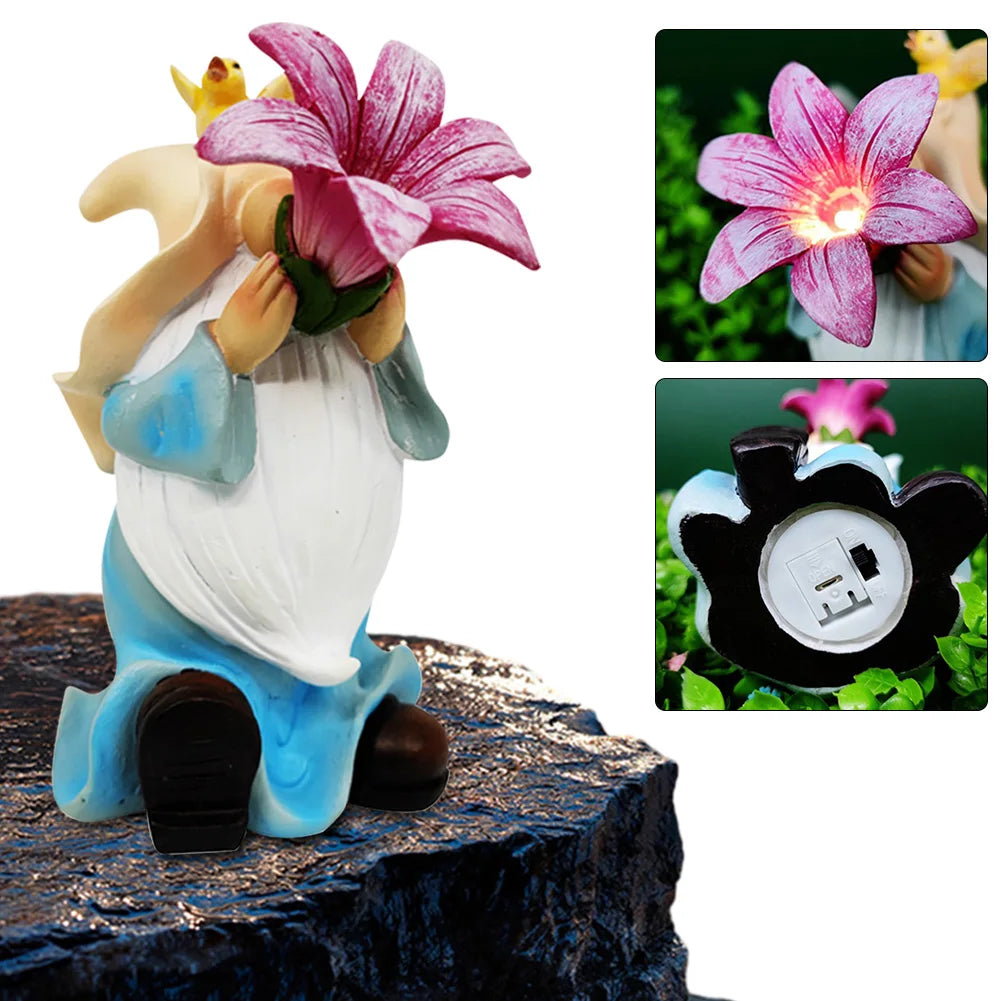 Resin Garden Gnome Sculpture with Solar Lights - Whimsical Outdoor Decor for Yard and Garden