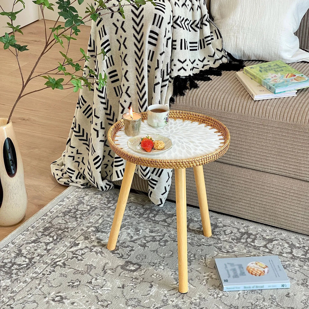 Rattan Round End Table, Boho Side Table for Living Room with Mother of Pearl Inlay, Small Coffee Table Wicker Bedsid Table