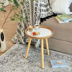 Rattan Round End Table, Boho Side Table for Living Room with Mother of Pearl Inlay, Small Coffee Table Wicker Bedsid Table