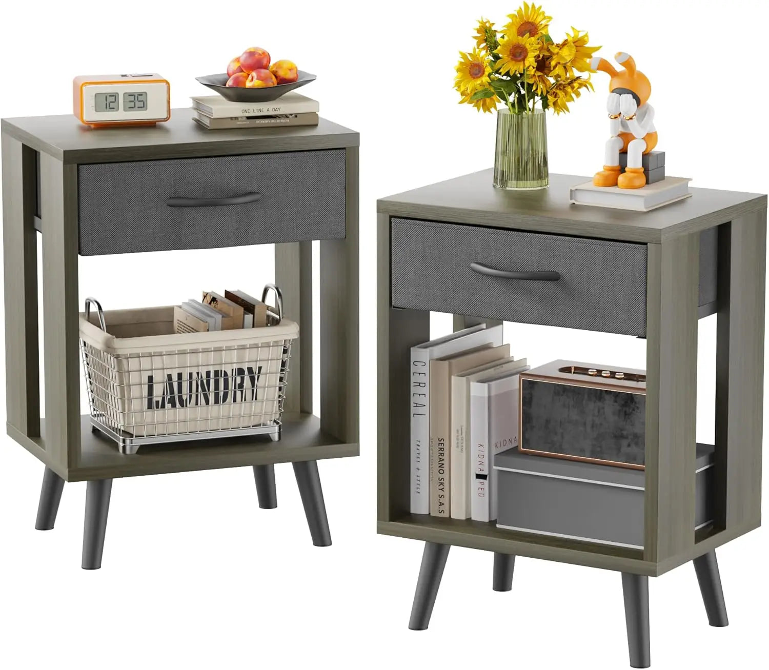Nightstand Set of 2 with Fabric Drawers and Open Shelves - Rustic Bedroom Side Tables