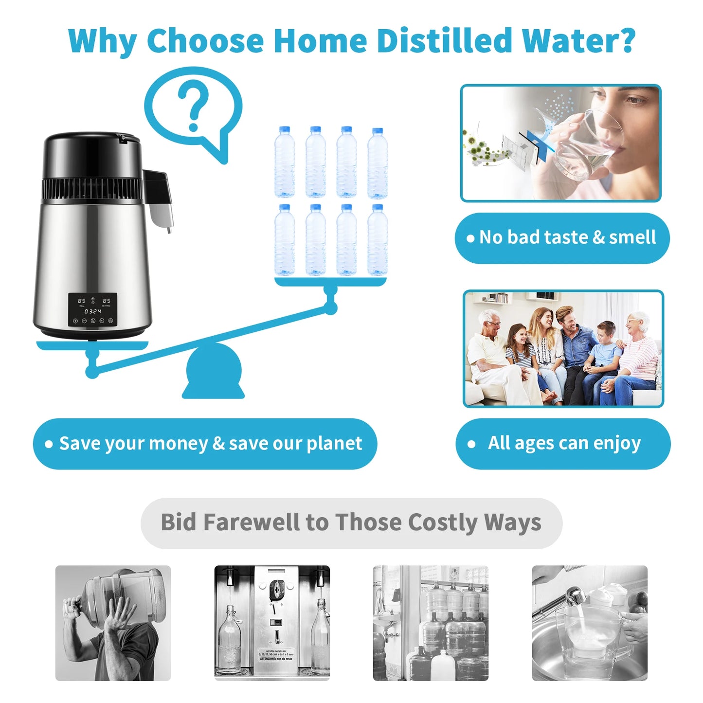 SucceBuy 4L Water Distiller Purifier Filter Dispenser Drink Bottle Softener Dual Temp Display Overheat Protection Home Appliance