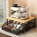 2-Tier Kitchen Countertop Storage Rack - with Drawers + Mesh Baskets Sturdy Solid Wood + Metal Material Space Saving Fits Coffee