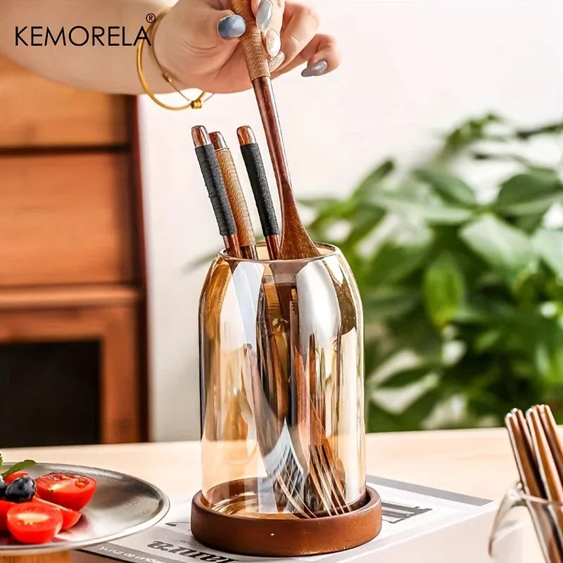 KEMORELA 1PCS Tableware Storage Jar with Tray Chopsticks Organizer Knife Fork Rack Fruit Fork Holder for Kitchen Organization