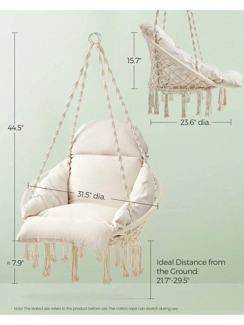 SONGMICS Hanging Chair, Hammock Chair with Large, Thick Cushion, Boho Swing Chair for Bedroom, Patio, Balcony, Garden