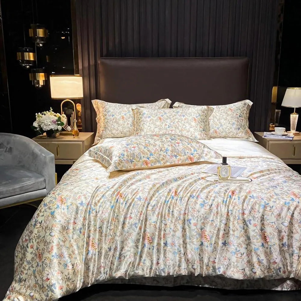 Floral Duvet Cover King Size, with Flat Sheet, 4 Pieces Satin Soft Bedding, 1 Breathable Duvet Cover 104x90 Inches, Bedding Set