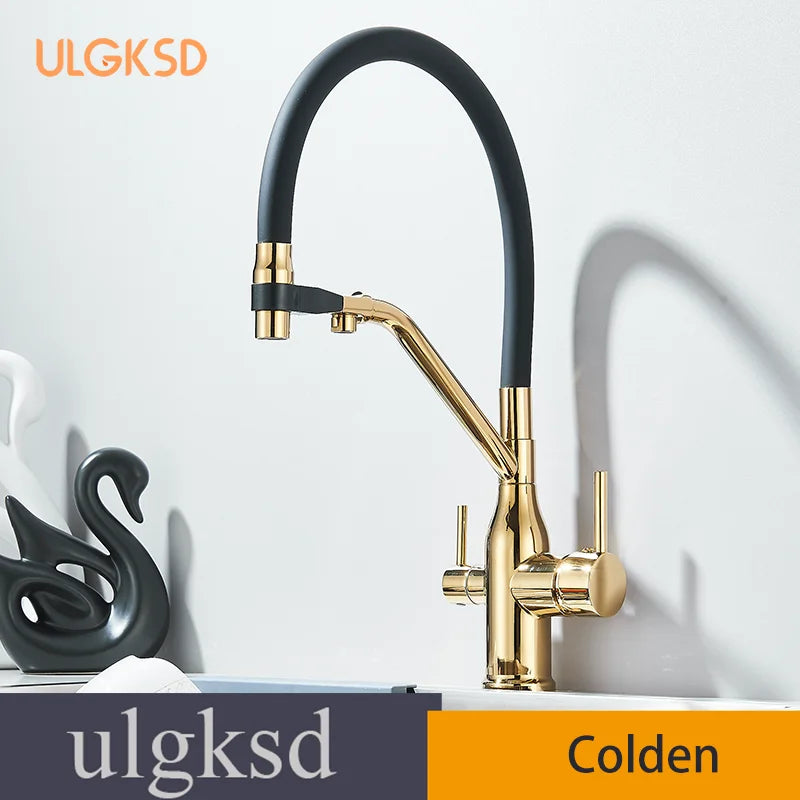 Kitchen Purified Water 2 Function Brass Cold and Hot Mix Faucet Black Flexible Water Pipe 360 Rotate Filtered Water Deck Install