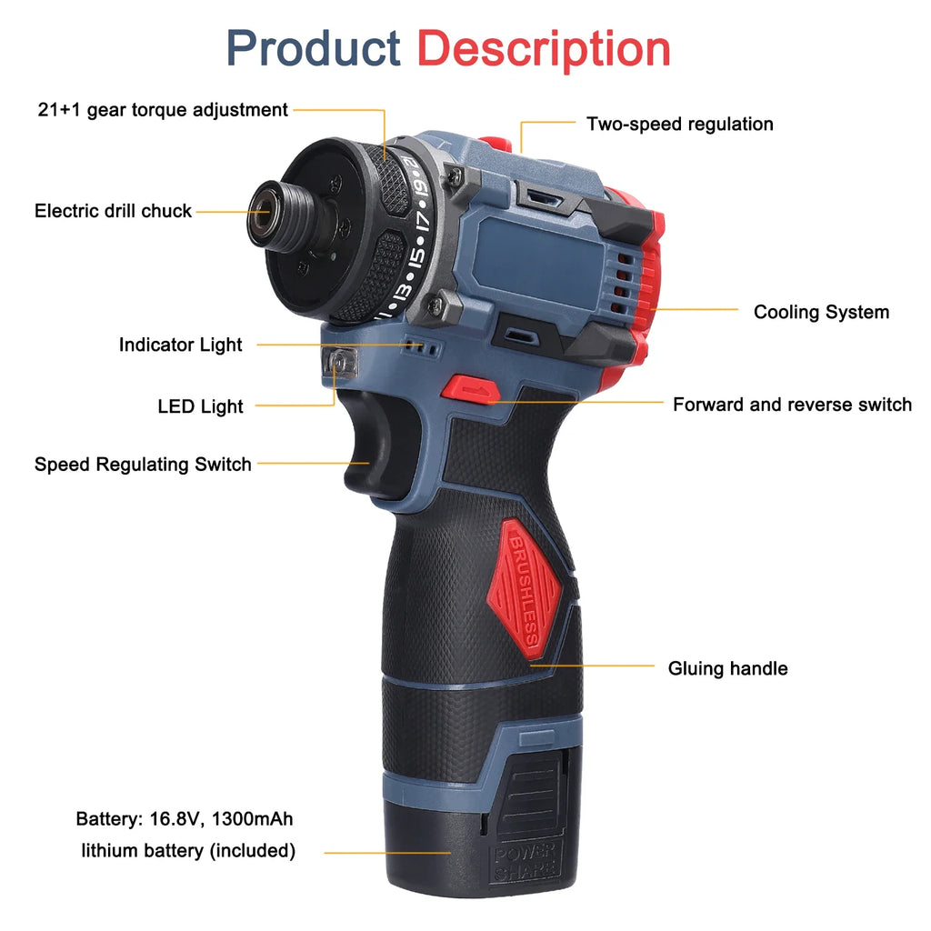 16.8V Brushless Screwdriver Lithium Electric Drill Rechargeable Hand Drill Screwdriver Electric Tool Torque Drill Repairing Kit