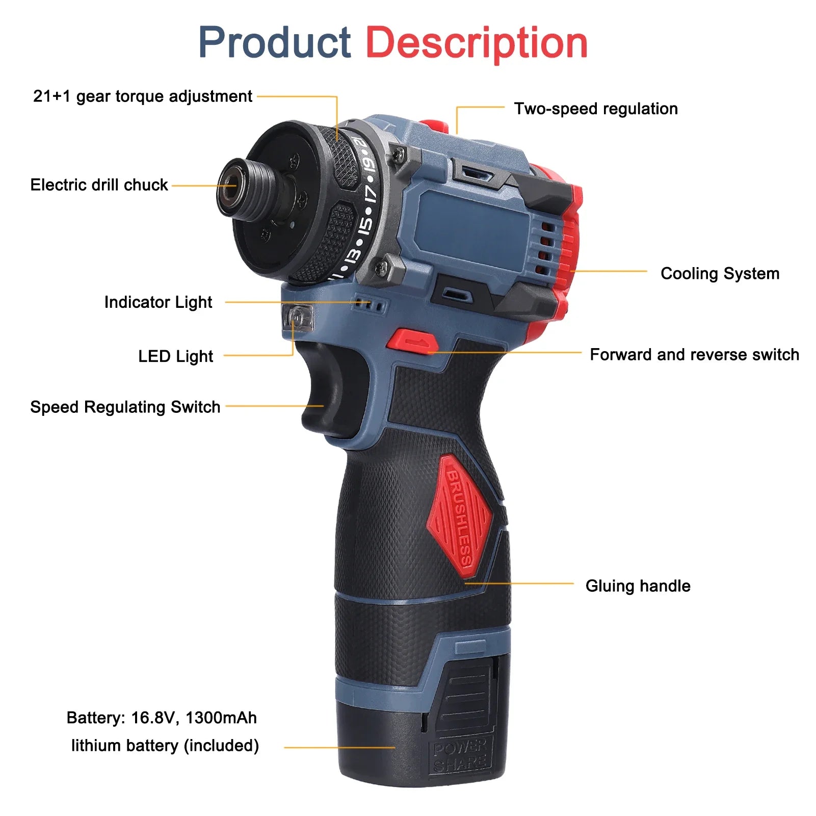 16.8V Brushless Screwdriver Lithium Electric Drill Rechargeable Hand Drill Screwdriver Electric Tool Torque Drill Repairing Kit
