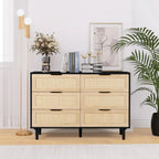 Rattan Dresser for Bedroom,Modern 6 Drawer Double Dresser with Gold Handles,Wood Storage Chest of Drawers fo Bedroom,Living Room