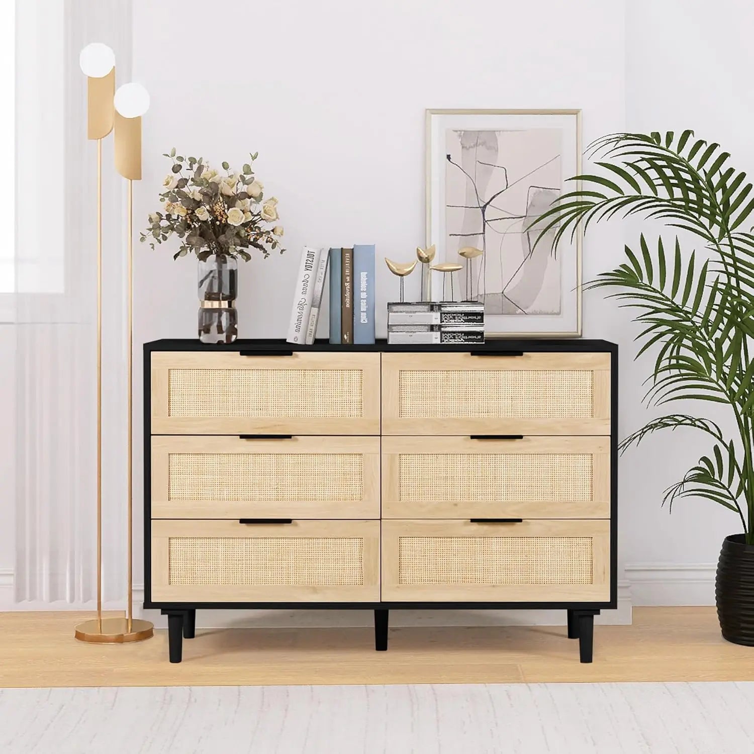 Rattan Dresser for Bedroom,Modern 6 Drawer Double Dresser with Gold Handles,Wood Storage Chest of Drawers fo Bedroom,Living Room