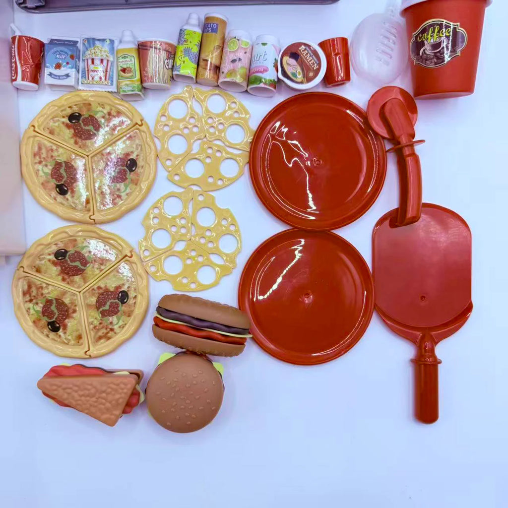 Kitchen Pretend Play House Set Spray Water Vapor Mini Fridge Kitchen Fast Food Burger Fries Dessert Educational Role Play Toys