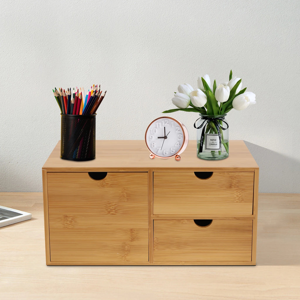 Desk Organizer Mini Bamboo Desk Organizer Drawer Desktop Storage Organizer for Office Home Toiletries, No Assembly Required
