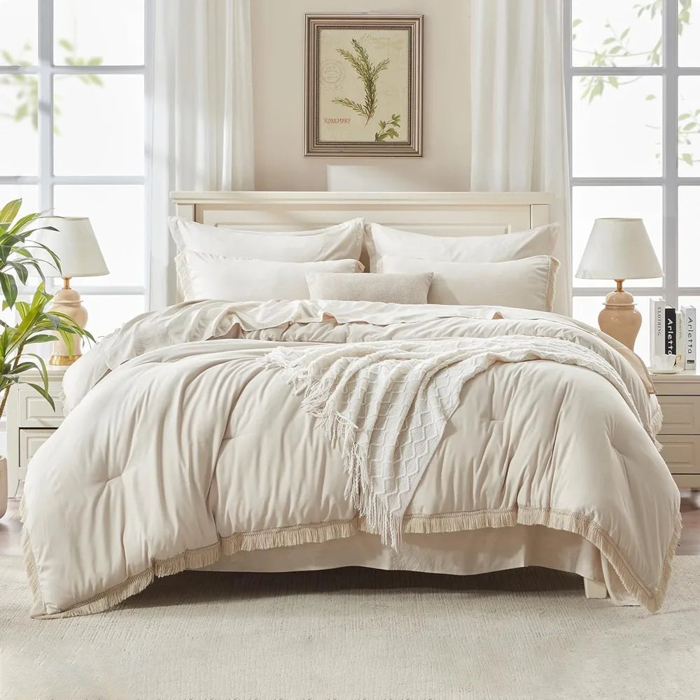 Comforter Set King Size, with Sheets 7 Pieces Boho Tassel Bed in a Bag Soft Lightweight Bedding Sets, All Season Fringe Bed Set