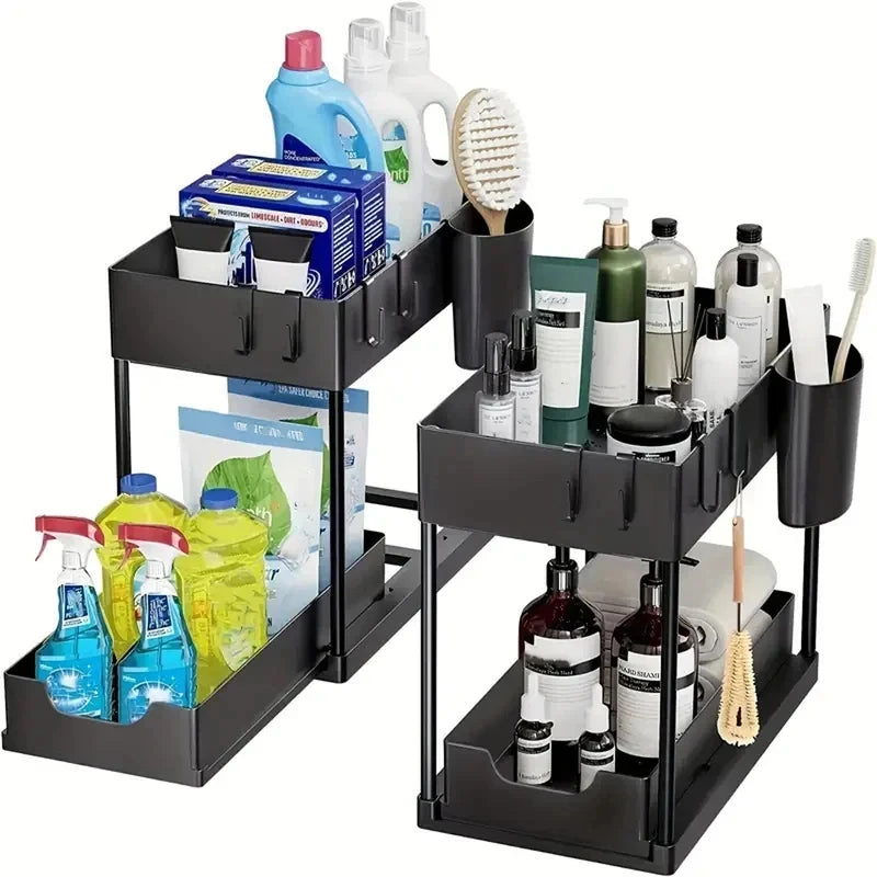 Kitchen Bathroom Under Sink Organizer 2 Tier Sliding Pull Out Drawer 1 Pack Storage Rack for Pantry Laundry Cabinet