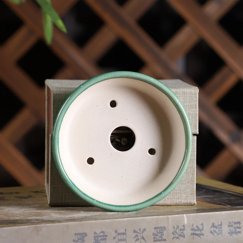 Colorful Glazed Tripedal Circle Plate Bonsai Pot,Small Flower Plants Vase,Table Breathability Garden Home Decoration