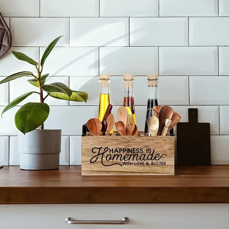 High-Quality, Classic Wooden Kitchen Utensil Organizer - Portable Storage Box with Open Design for Easy Access, Storage