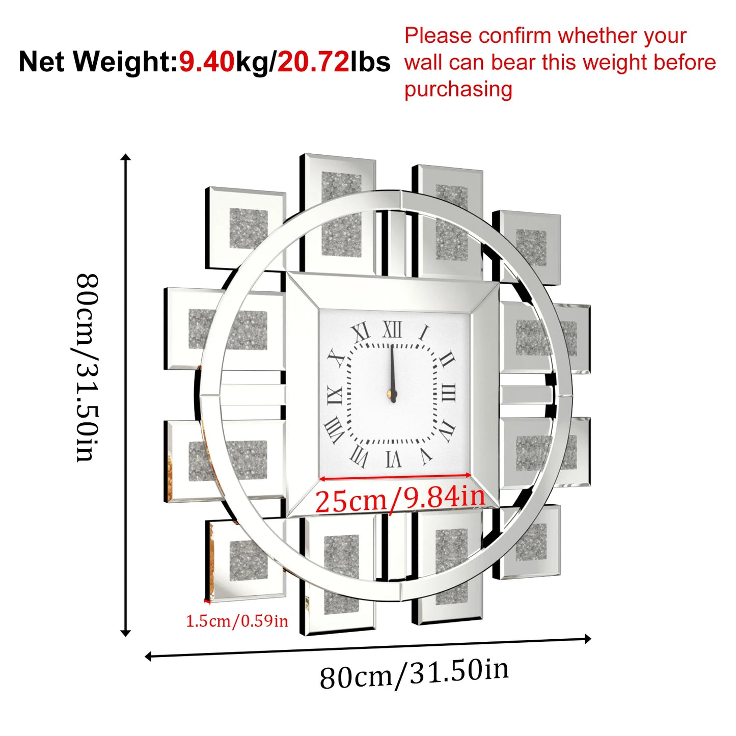 Irregular Large Crush Diamond Mirrored Wall Clock Sparkle Bling Quartz Clock Roman Numerals for Living Room
